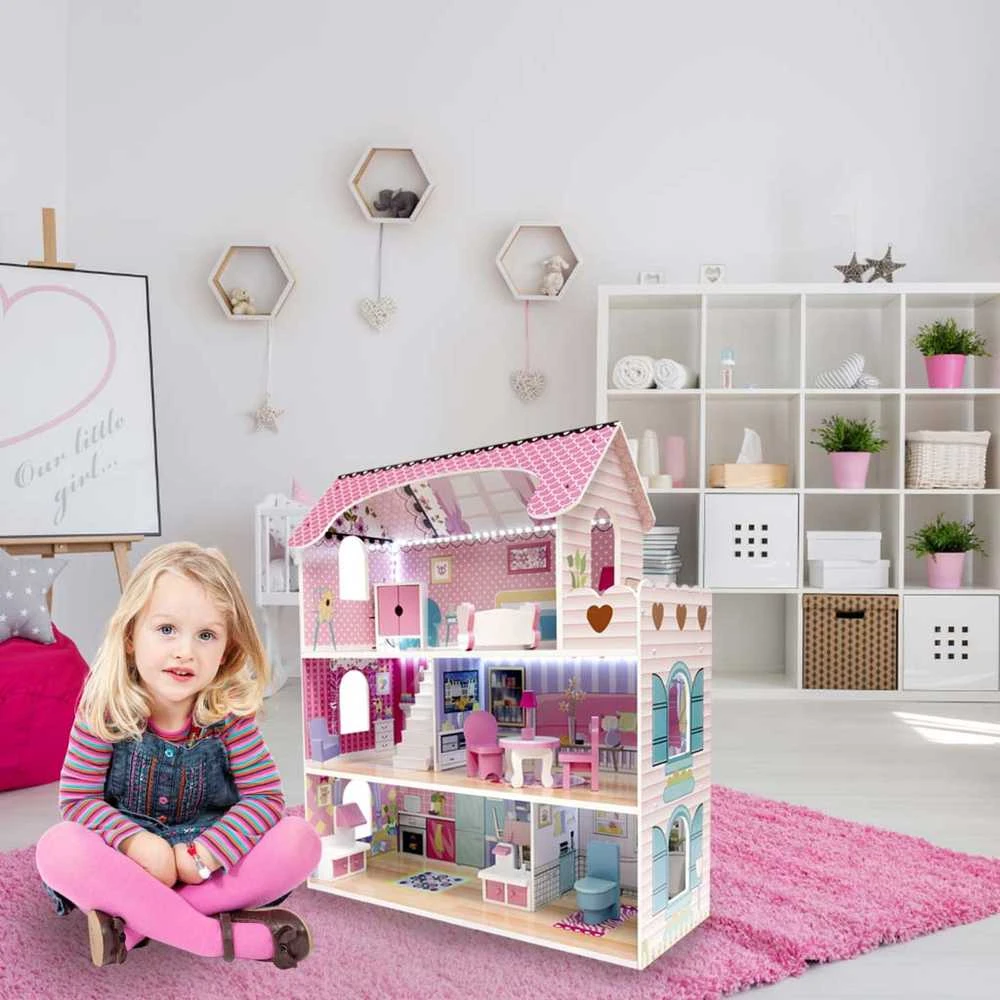 KIK MDF medinis lėlių namelis + baldai 70cm rožinis LED