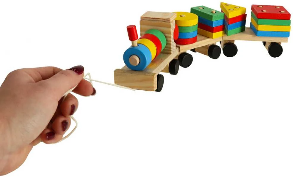 Medinis rūšiuoklis vikrumo dėlionė traukinio lokomotyvas + vagonai 30cm