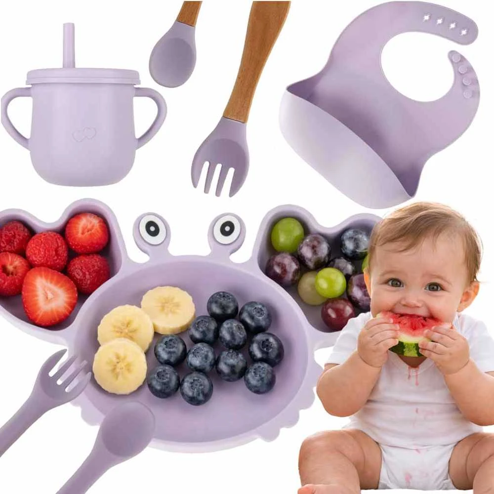 Ikonka Vaikiški silikoniniai indai krabas, 9 vnt., violetinės spalvos