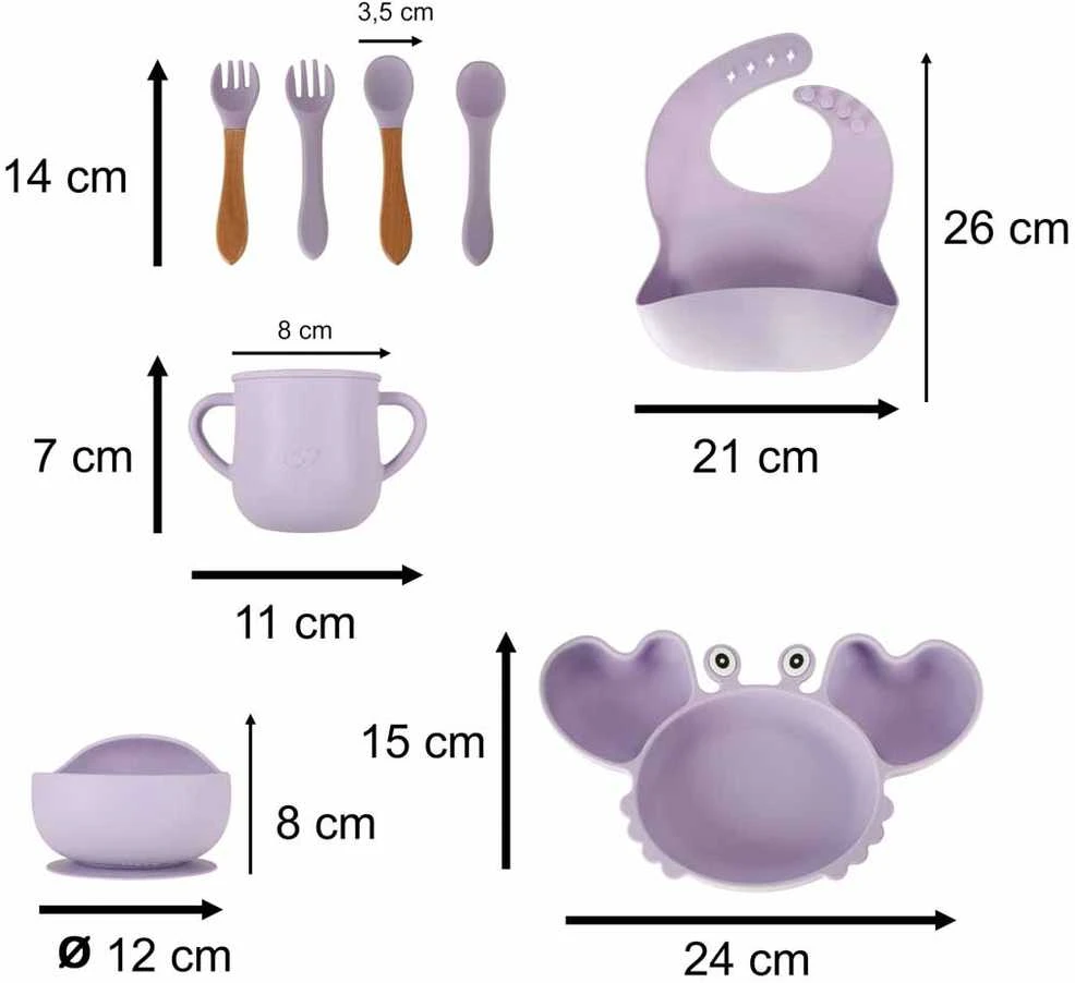 Ikonka Vaikiški silikoniniai indai krabas, 9 vnt., violetinės spalvos
