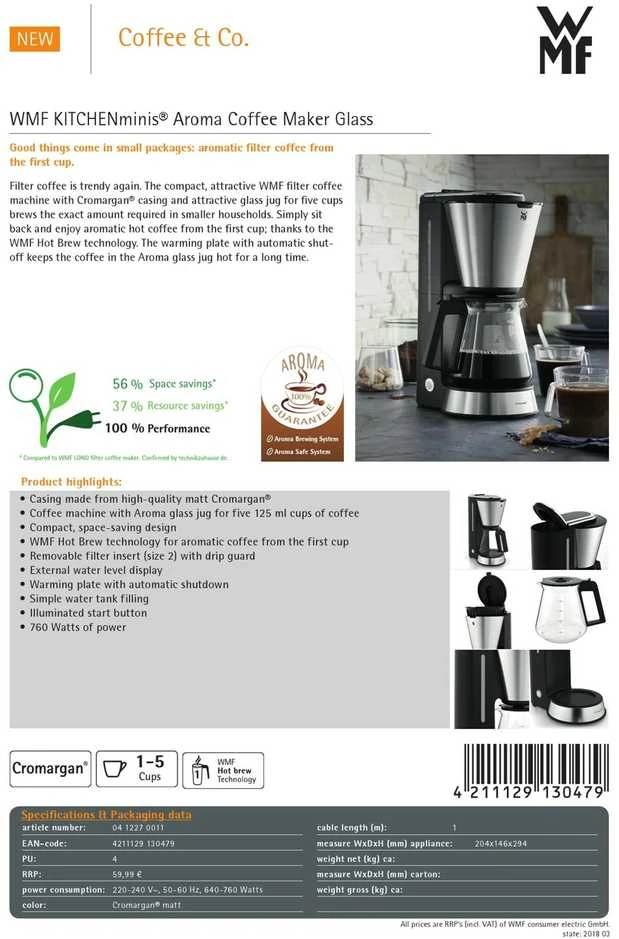 WMF KITCHENminis 04.1227.0011 kavos aparatas Lašelinis kavos aparatas 0,625 L Pusiau automatinis
