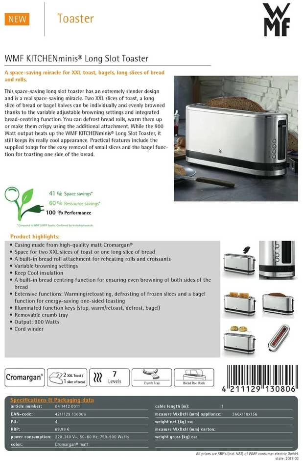 WMF KITCHENminis 04.1412.0011 skrudintuvas 2 griežinėliai Nerūdijančiojo plieno 900 W