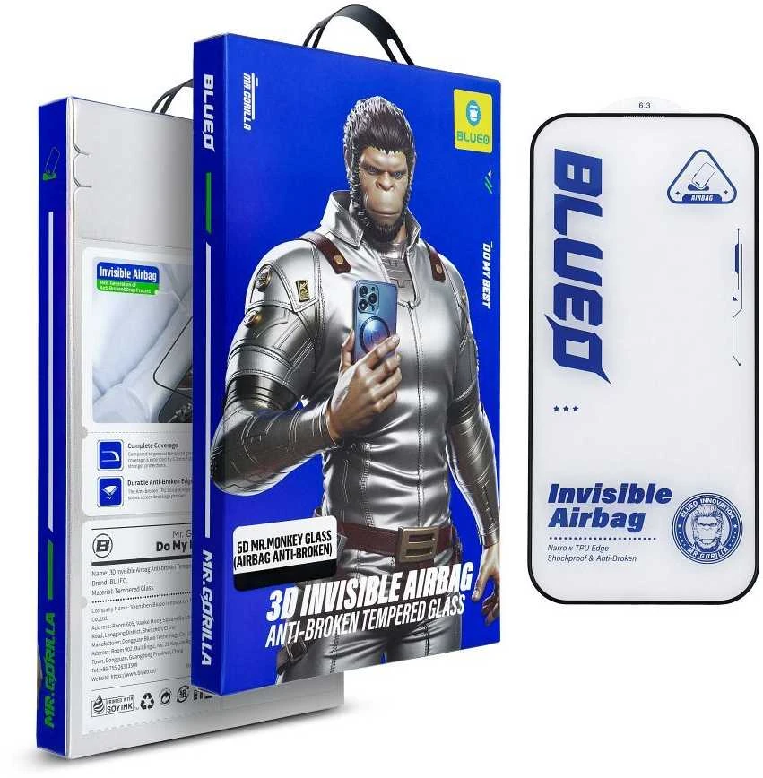Blueo 5D Mr. Monkey Glass - Apple iPhone 16 Pro juodas (Airbag Anti-broken)