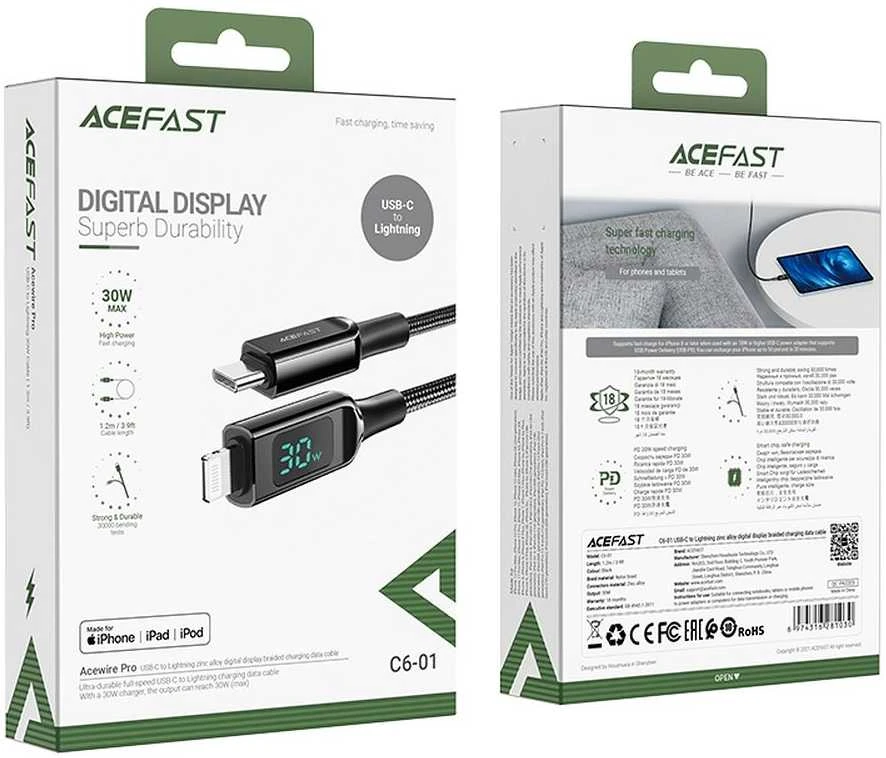 USB laidas Acefast C6-01 MFi PD30W USB-C to Lightning 1.2m juodas