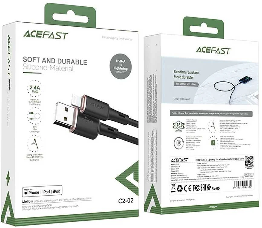 USB laidas Acefast C2-02 MFi USB-A iki Lightning 1.2m juodas