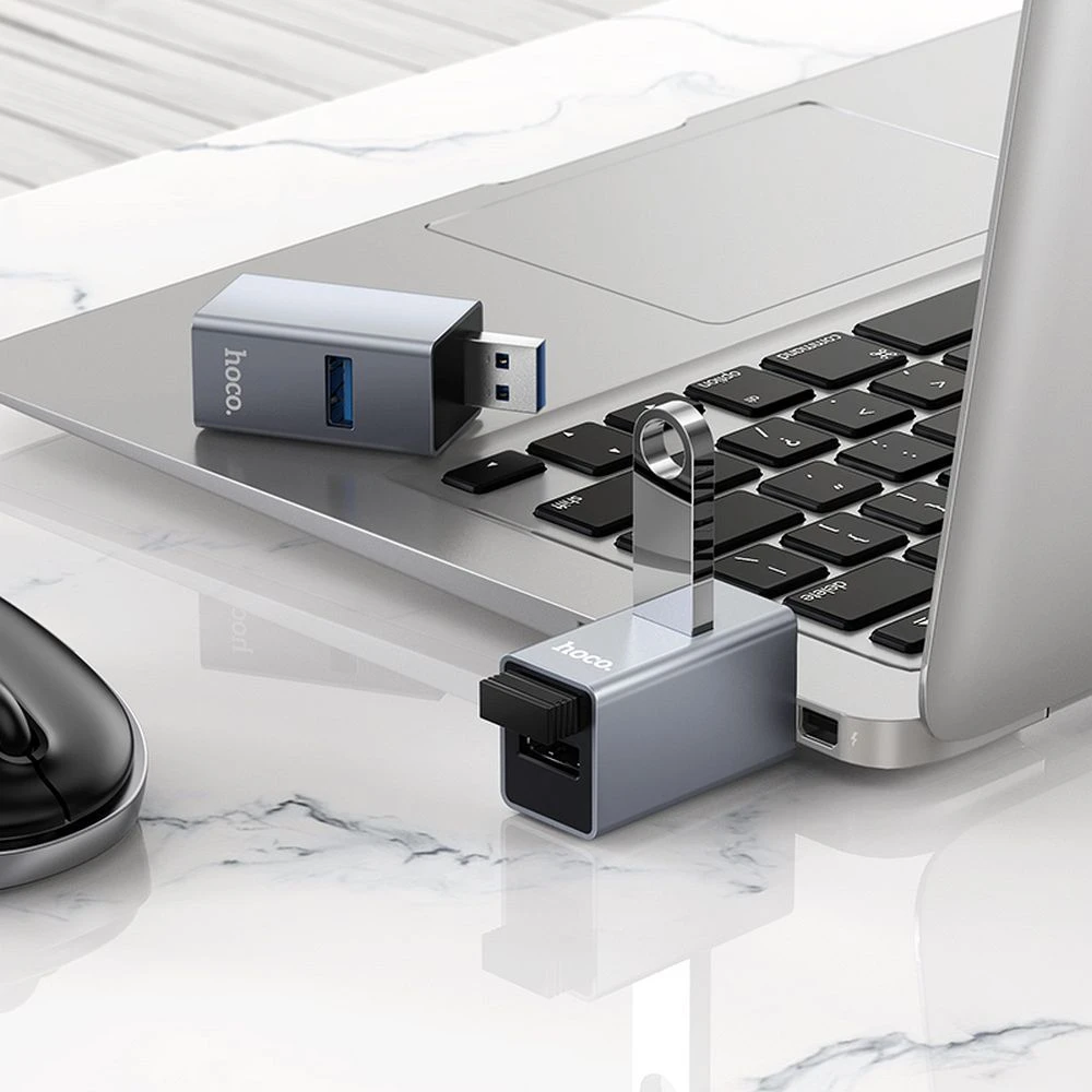 Adapteris 3in1 (USB 2.0 x 2+USB 3.0) to USB-A Hoco HB54 pilka