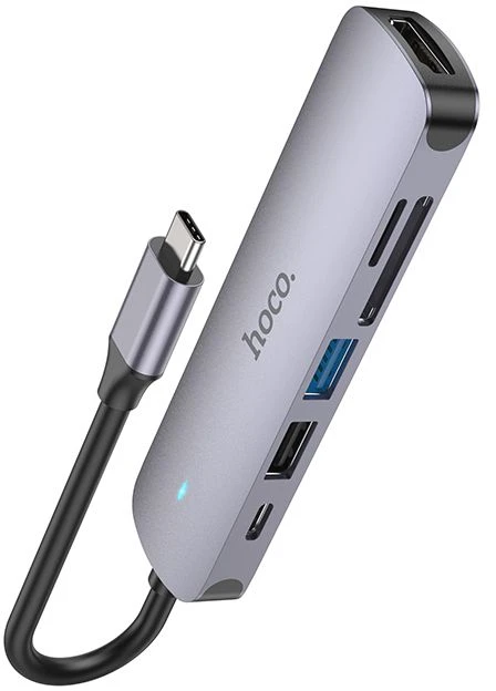 Adapteris Hoco HB28 Type-C daugiafunkcis keitiklis HDMI+USB3.0+USB2.0+SD+TF+PD pilkas