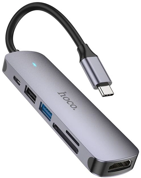 Adapteris Hoco HB28 Type-C daugiafunkcis keitiklis HDMI+USB3.0+USB2.0+SD+TF+PD pilkas