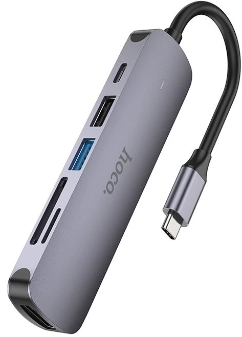 Adapteris Hoco HB28 Type-C daugiafunkcis keitiklis HDMI+USB3.0+USB2.0+SD+TF+PD pilkas