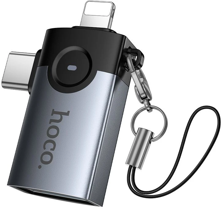 Adapteris OTG 2in1 Lightning / USB C į USB A Hoco UA46E Victory pilka