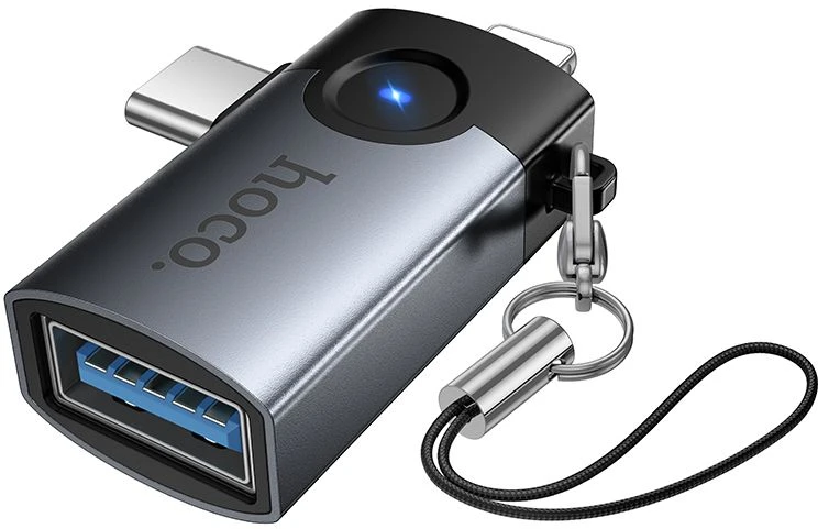 Adapteris OTG 2in1 Lightning / USB C į USB A Hoco UA46E Victory pilka