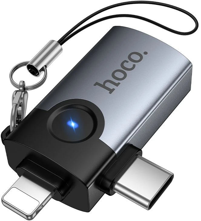 Adapteris OTG 2in1 Lightning / USB C į USB A Hoco UA46E Victory pilka