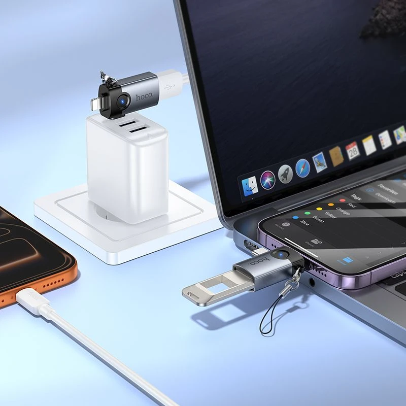 Adapteris OTG 2in1 Lightning / USB C į USB A Hoco UA46E Victory pilka