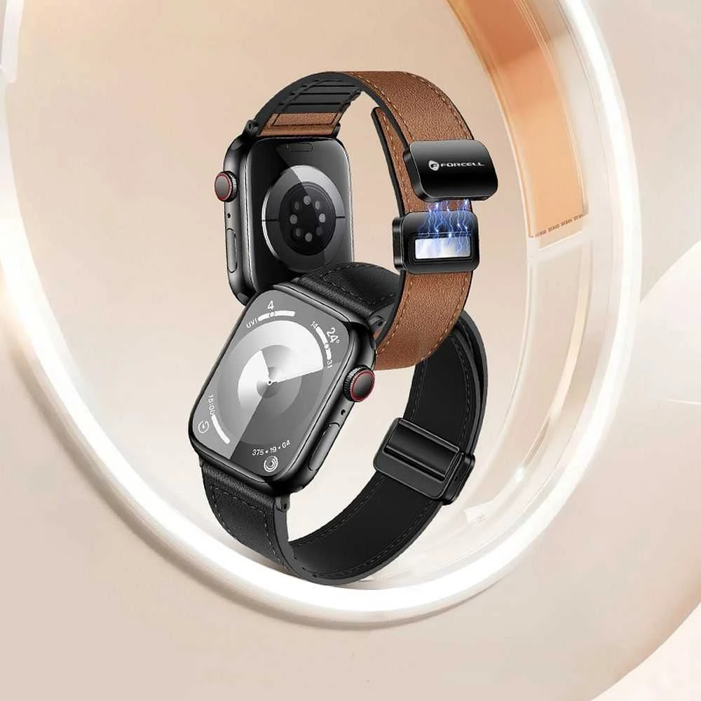 „Apple Watch“ dirželis Forcell F-Design FA21 magnetinis dirbtinės odos dirželis 42 / 44 / 45 / 49 mm rudas