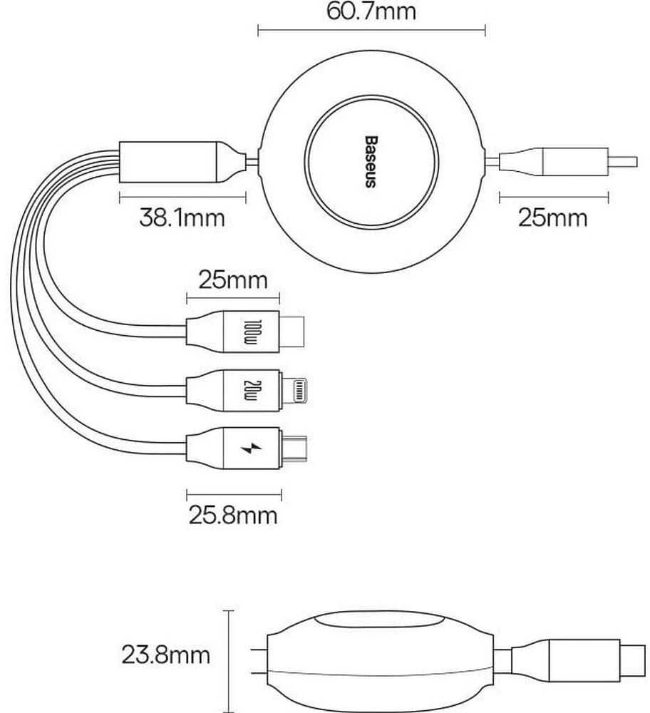 USB laidas Baseus Bright Mirror 2 Type-C į MicroUSB/Type-C/Lightning 3.5A 1.1m juodas CAMJ010201