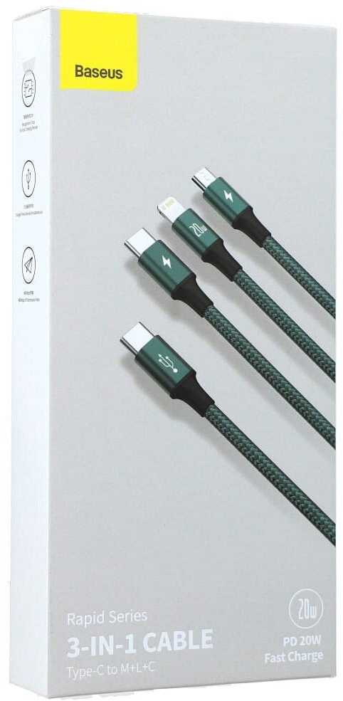Baseus Rapid serijos Micro USB + Lightning + USB-C kabelis skirtas M+L+T 20W 1.5m – Žalias