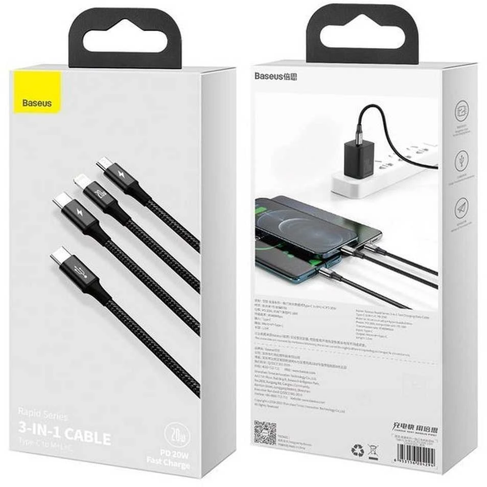 Kabelis USB C - 3 kištukai (USB C (iki 15W), micro USB (iki 10W), lightning (iki 20W)) 1.5m juodas Rapid BASEUS