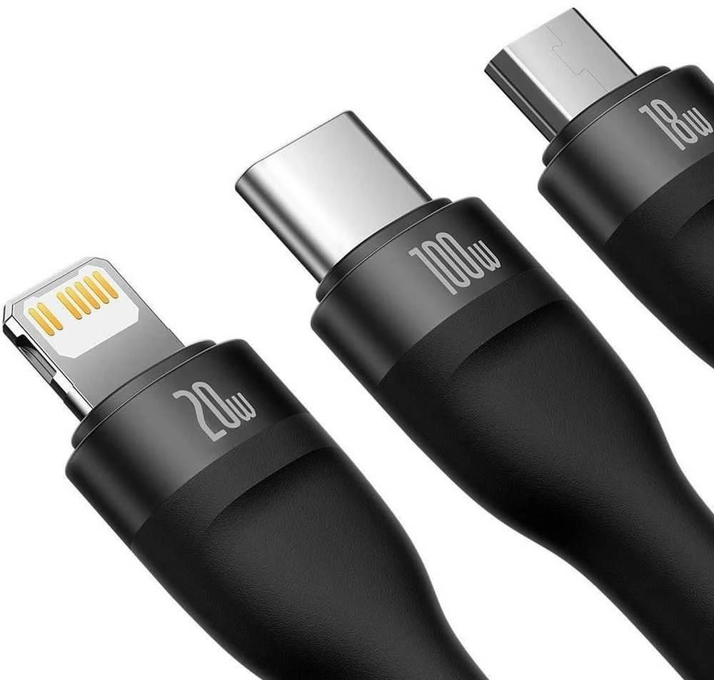 Baseus Flash Series 2 3in1 USB laidas USB-C + micro USB + Lightning 100W 1,2m – Juodas