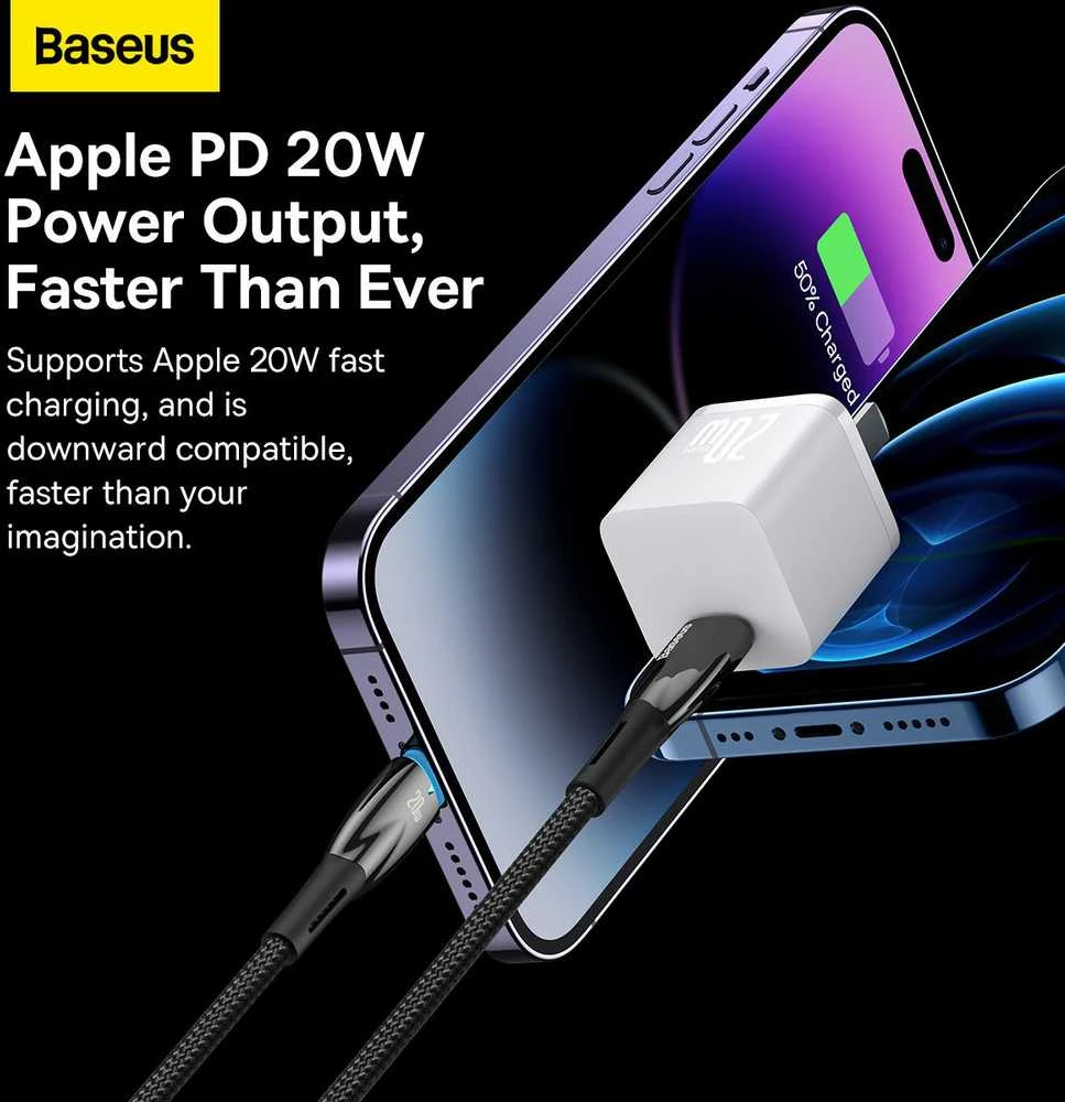 USB-C laidas, skirtas Lightning Baseus Glimmer Series, 20W, 2m (juodas)
