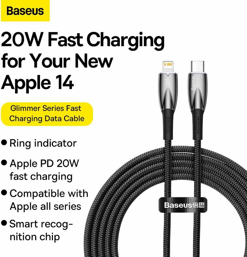 USB-C laidas, skirtas Lightning Baseus Glimmer Series, 20W, 2m (juodas)