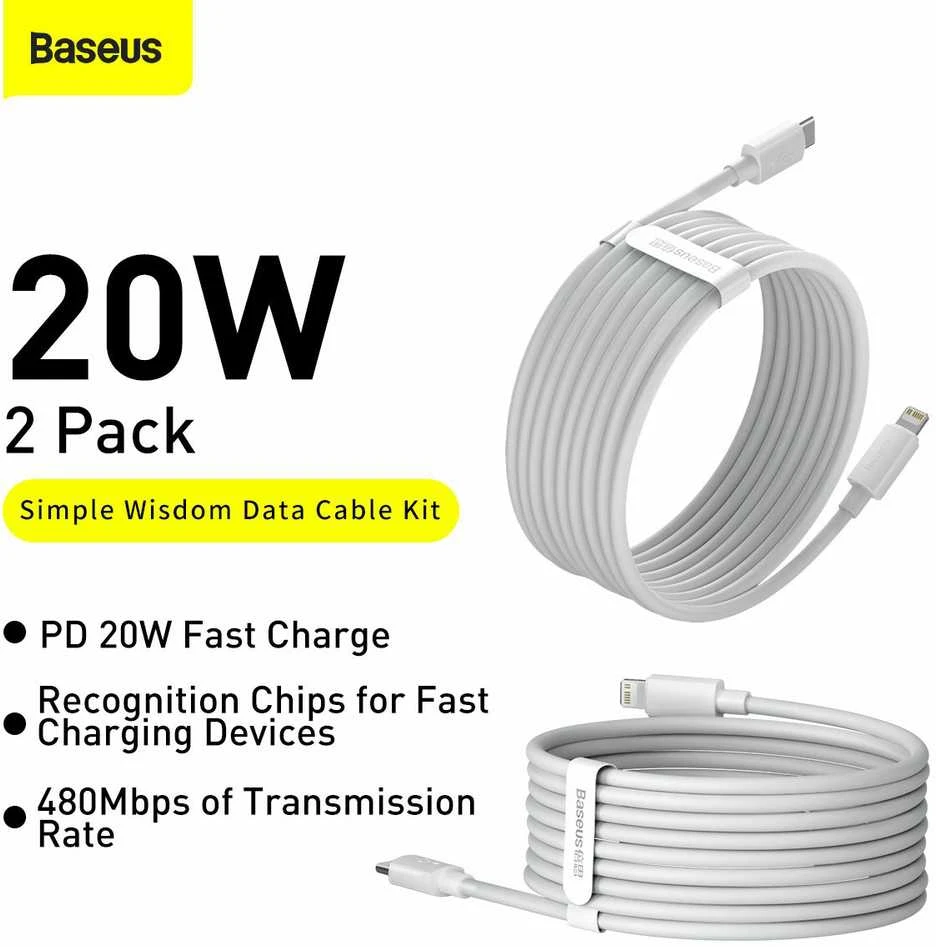 Baseus Simple Wisdom duomenų kabelio komplektas iš USB-C į Lightning PD 20W (2 Vnt), 1.5 m baltos spalvos