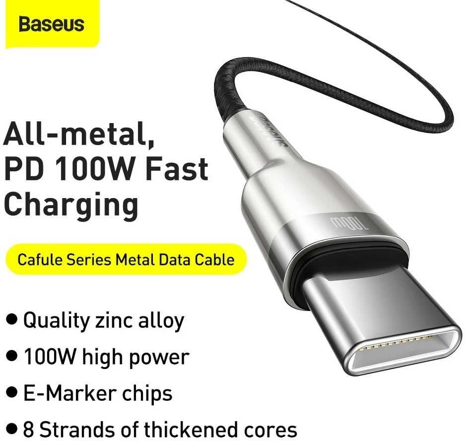 Kabelis USB C - USB C 2m 100W juodas Cafule Metal BASEUS