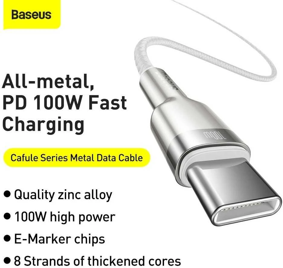 Baseus Cafule USB-C - USB-C laidas 100W 2m - Baltas