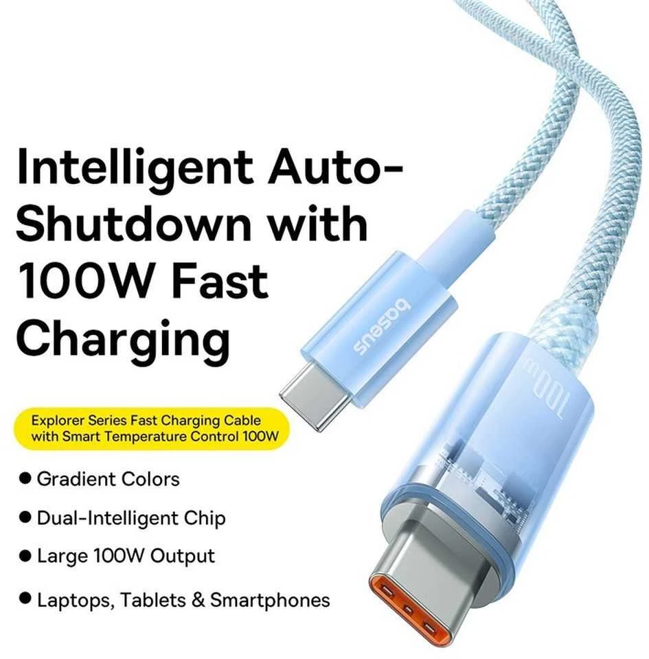 Baseus Explorer 100W USB-C – USB-C laidas su išmaniuoju temperatūros jutikliu 1 m – mėlynas