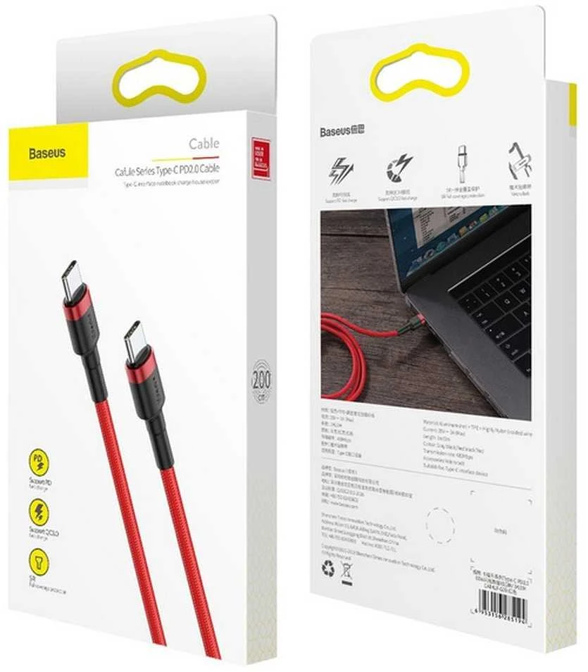 Dėklas Baseus Cafule kabelis USB-C PD 2.0 QC 3.0 60W 2m - Raudonas
