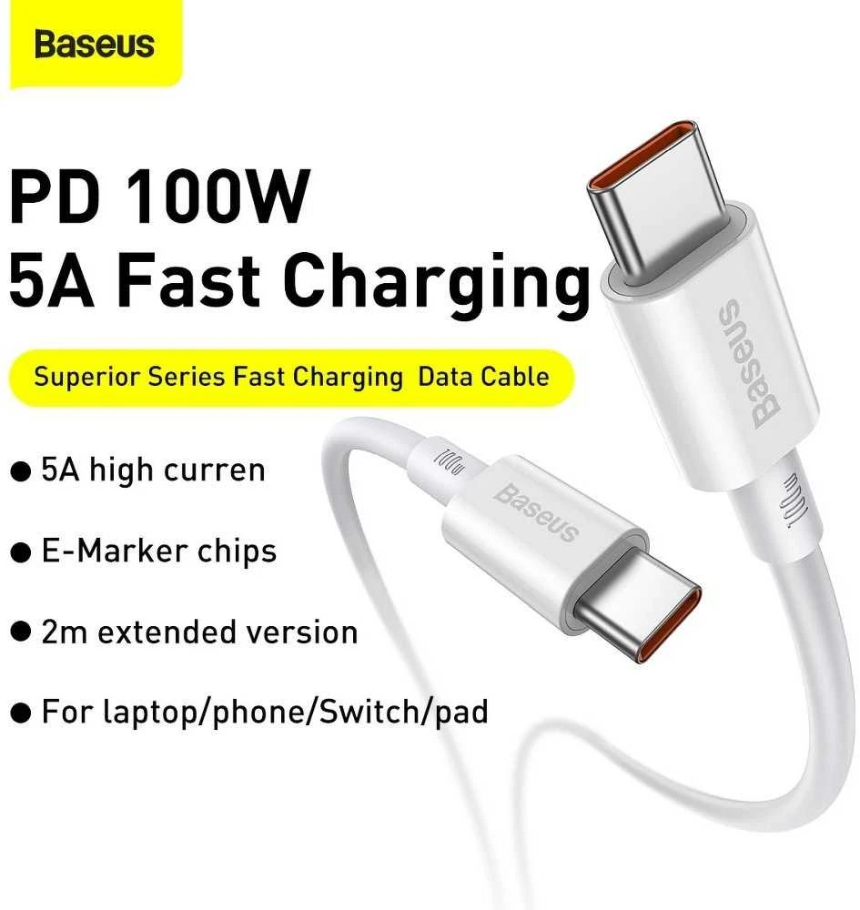 Baseus Superior serijos USB-C – USB-C kabelis 100W 2m baltas