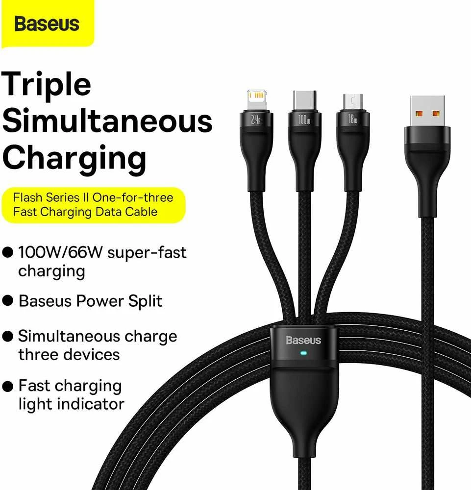 Baseus Flash Series 3in1 USB laidas USB-C + micro USB + Lightning 100W 1.2m – Juodas