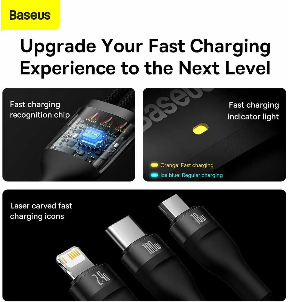 Baseus Flash Series 3in1 USB laidas USB-C + micro USB + Lightning 100W 1.2m – Juodas