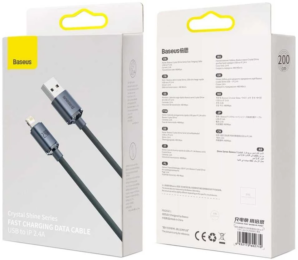 Baseus Crystal Shine kabelis USB į Lightning, 2.4A, 2m juodos spalvos