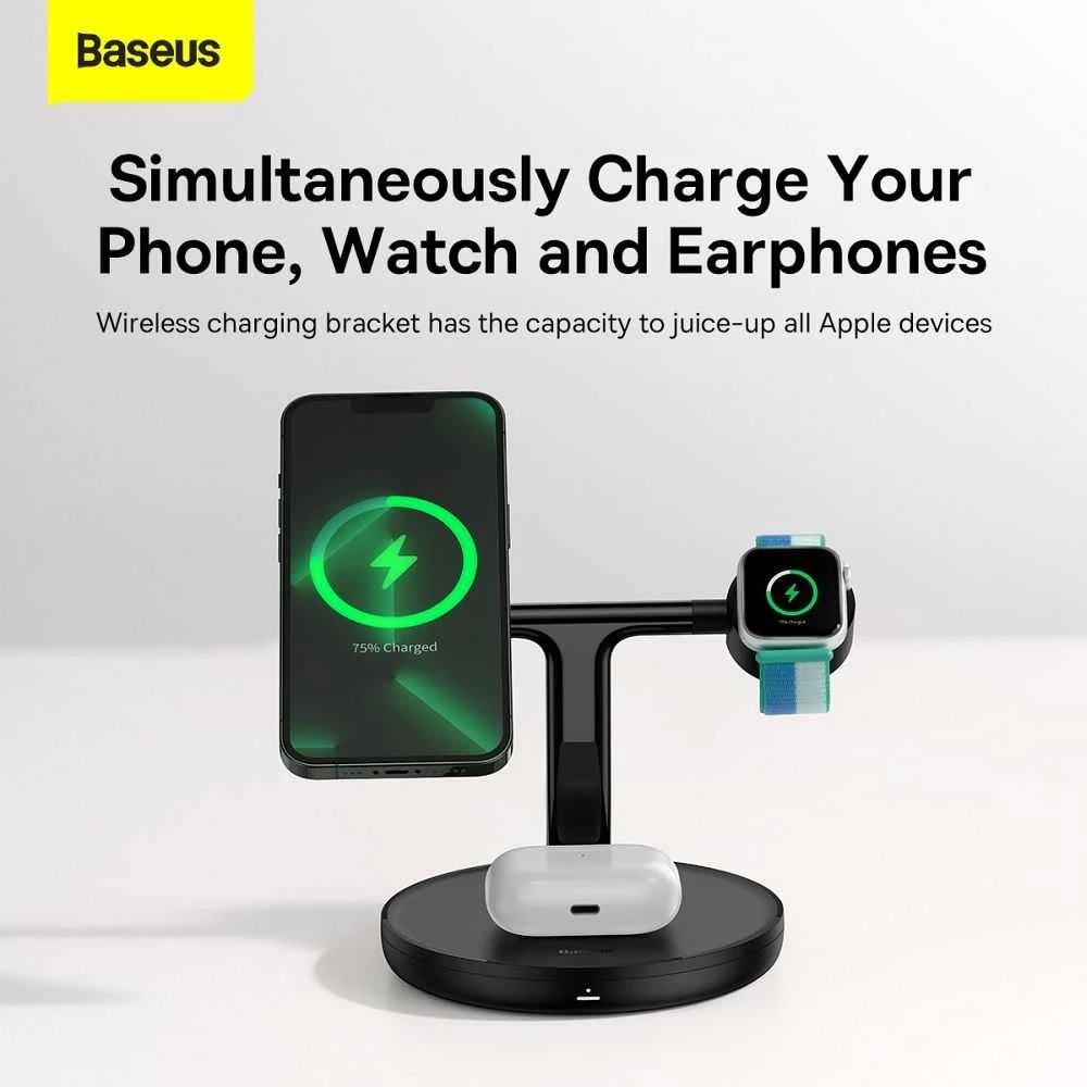Baseus Belaidis magnetinis įkroviklis, stovas 20W trims Apple įrenginiams, juodas