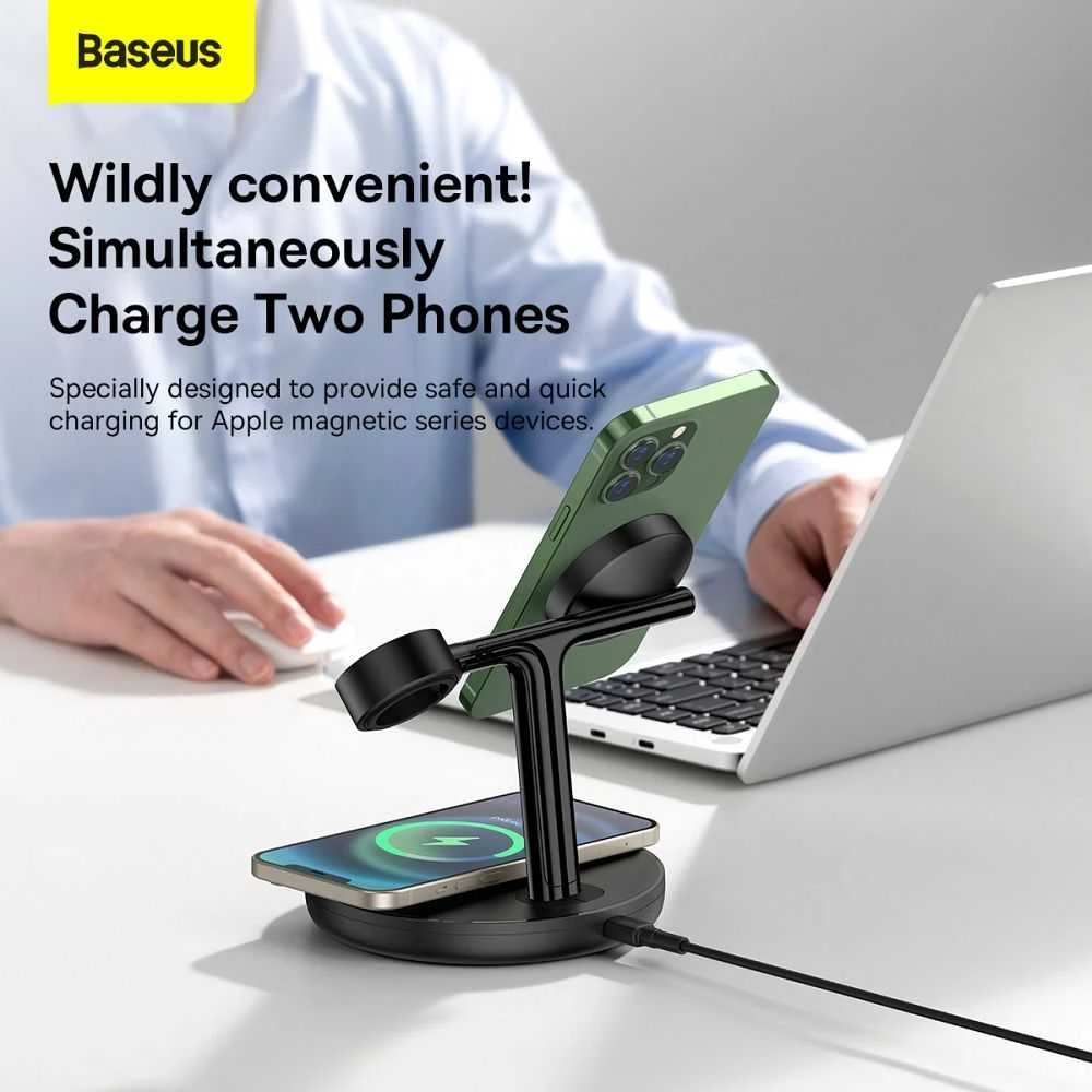 Baseus Belaidis magnetinis įkroviklis, stovas 20W trims Apple įrenginiams, juodas