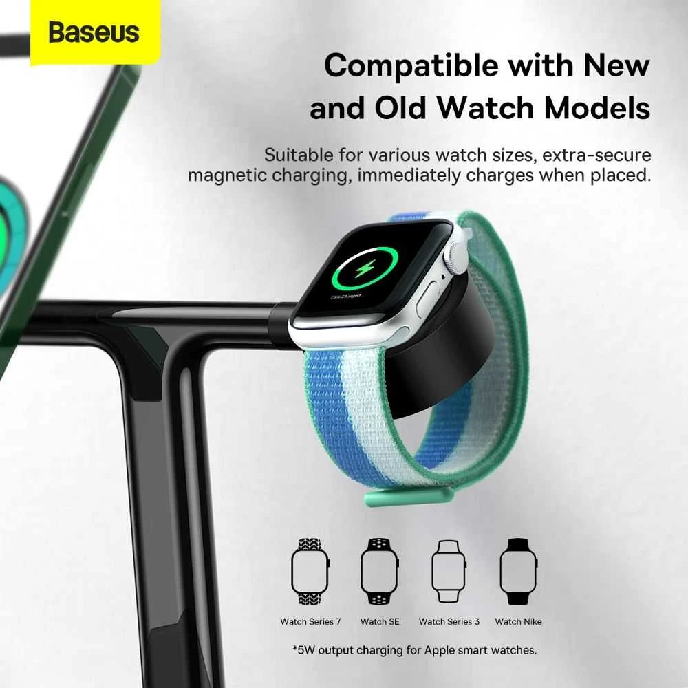 Baseus Belaidis magnetinis įkroviklis, stovas 20W trims Apple įrenginiams, juodas