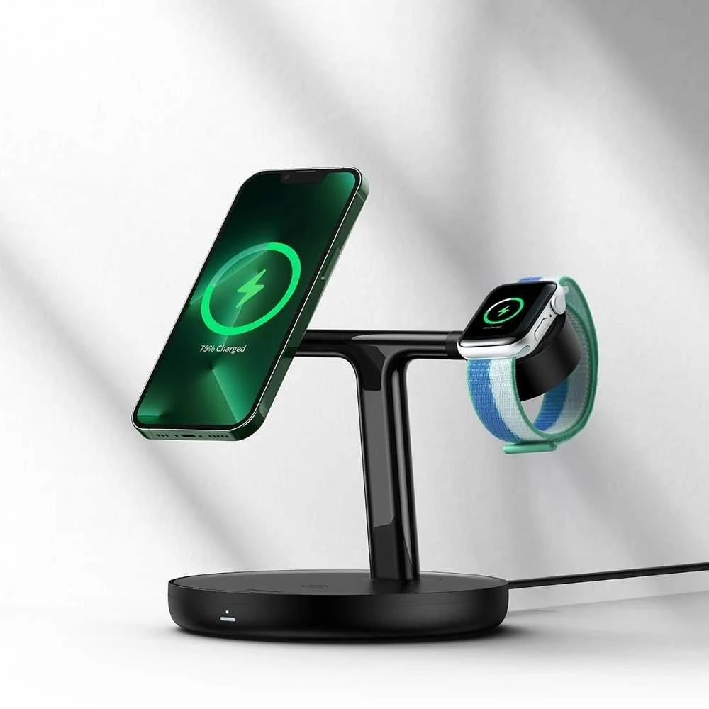 Baseus Belaidis magnetinis įkroviklis, stovas 20W trims Apple įrenginiams, juodas