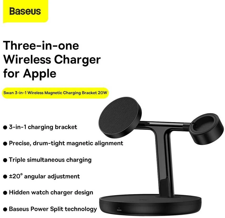 Baseus Belaidis magnetinis įkroviklis, stovas 20W trims Apple įrenginiams, juodas