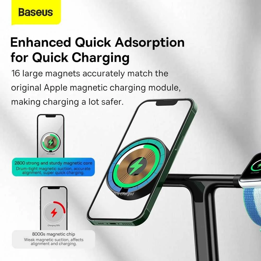 Baseus Belaidis magnetinis įkroviklis, stovas 20W trims Apple įrenginiams, juodas