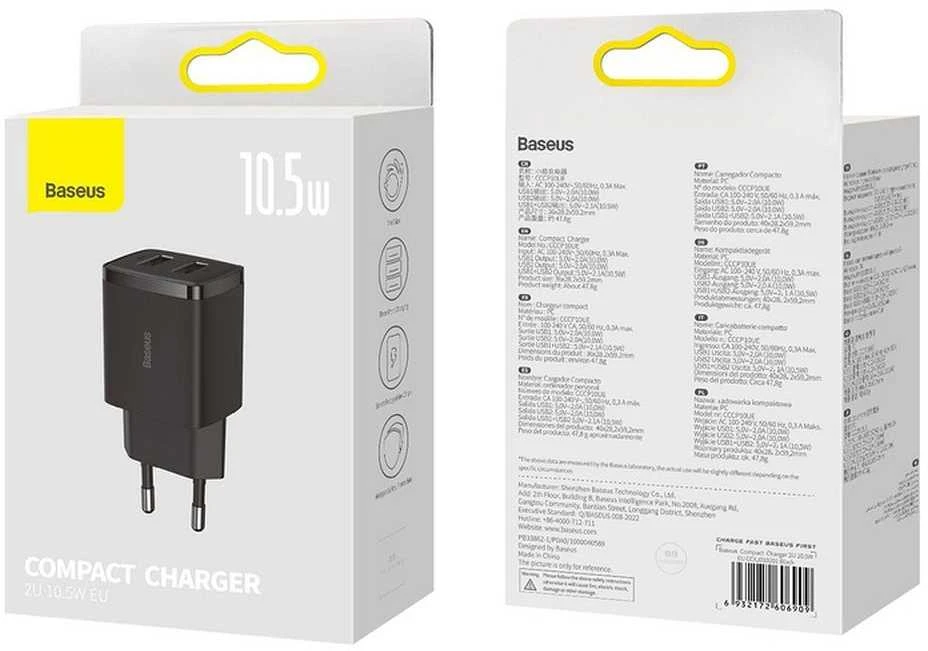 Baseus Sieninis įkroviklis 10.5W 2xUSB 2.1A, juodas