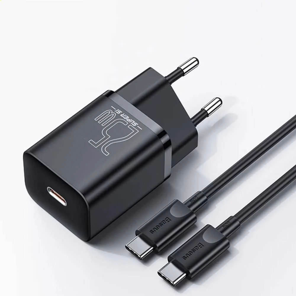 Baseus Super Si greitas įkroviklis 1C 25W su USB-C - USB-C kabelis 1m - Juodas
