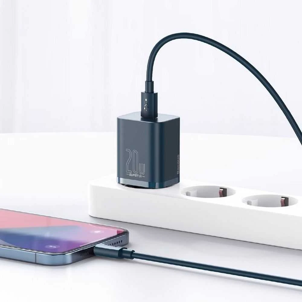 Baseus Super Si 1C 20W greitas sieninis įkroviklis su 1m USB-C - Lightning kabeliu - Mėlynas