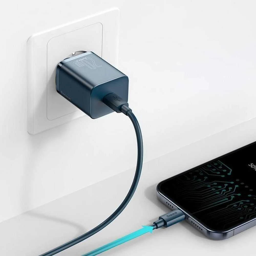 Baseus Super Si 1C 20W greitas sieninis įkroviklis su 1m USB-C - Lightning kabeliu - Mėlynas