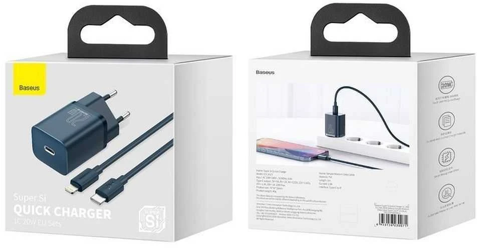 Baseus Super Si 1C 20W greitas sieninis įkroviklis su 1m USB-C - Lightning kabeliu - Mėlynas