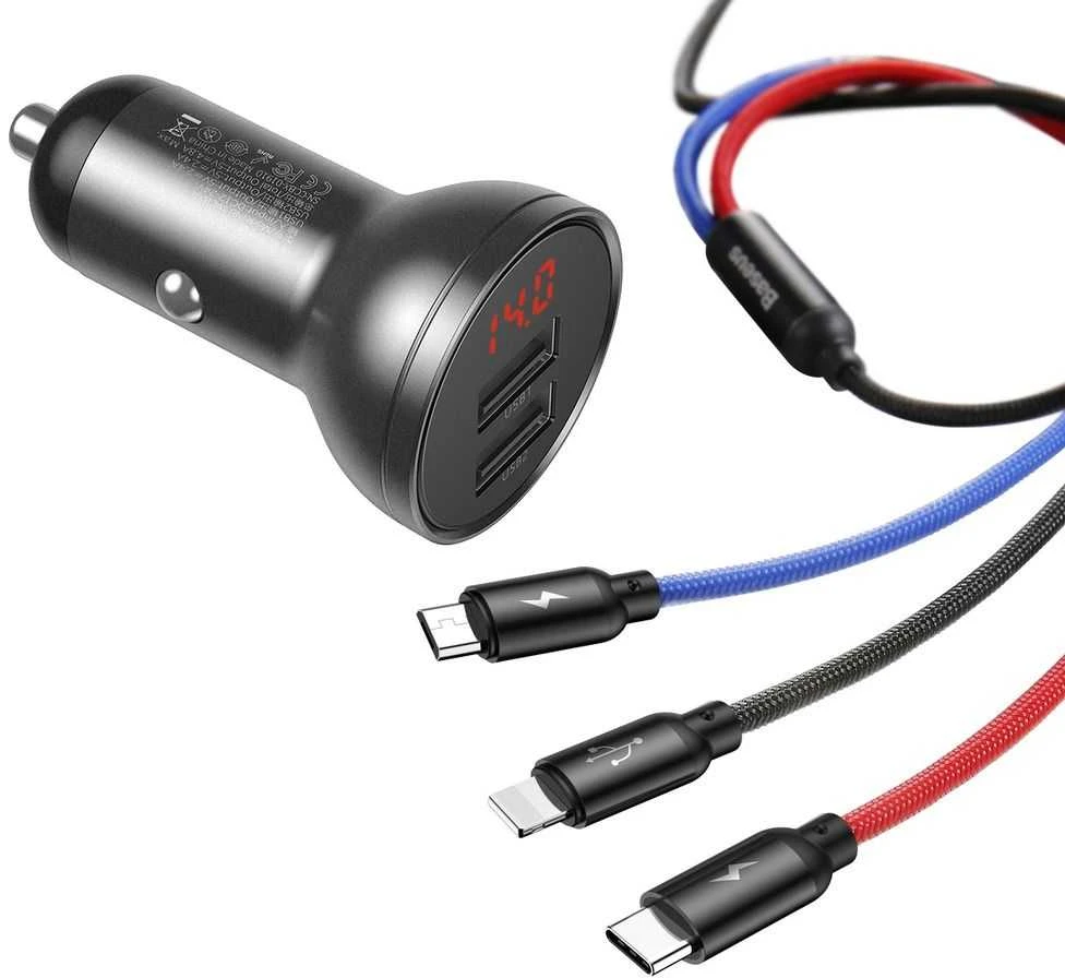 Baseus automobilinis įkroviklis 24W su 3-in-1 USB kabeliu 1.2m