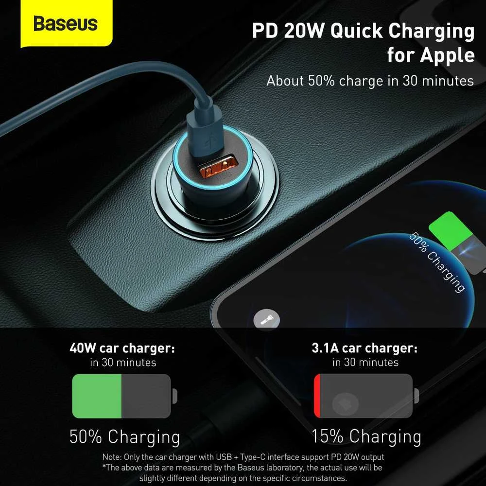 Automobilinis įkroviklis Baseus Golden Contactor Pro, USB + USB-C, QC4.0 +, PD, SCP, 40W (mėlynas) + USB-C - žaibo laidas 1m (mėlynas)