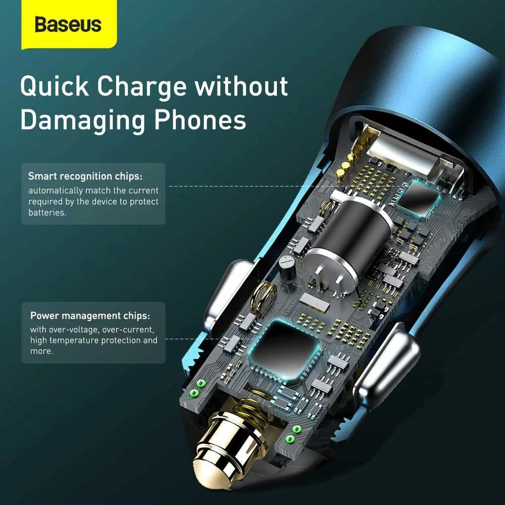 Automobilinis įkroviklis Baseus Golden Contactor Pro, USB + USB-C, QC4.0 +, PD, SCP, 40W (mėlynas) + USB-C - žaibo laidas 1m (mėlynas)