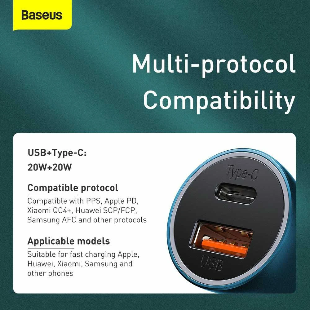 Automobilinis įkroviklis Baseus Golden Contactor Pro, USB + USB-C, QC4.0 +, PD, SCP, 40W (mėlynas) + USB-C - žaibo laidas 1m (mėlynas)