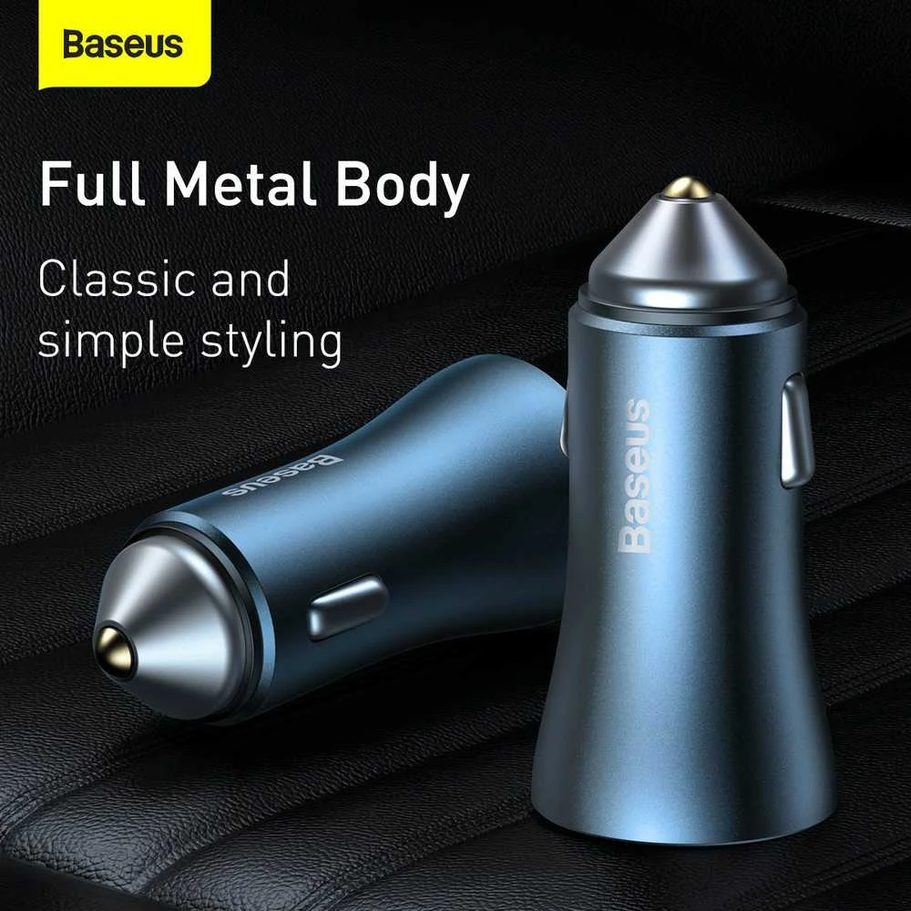 Automobilinis įkroviklis Baseus Golden Contactor Pro, USB + USB-C, QC4.0 +, PD, SCP, 40W (mėlynas) + USB-C - žaibo laidas 1m (mėlynas)