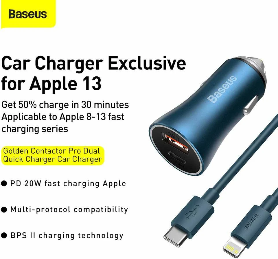 Automobilinis įkroviklis Baseus Golden Contactor Pro, USB + USB-C, QC4.0 +, PD, SCP, 40W (mėlynas) + USB-C - žaibo laidas 1m (mėlynas)